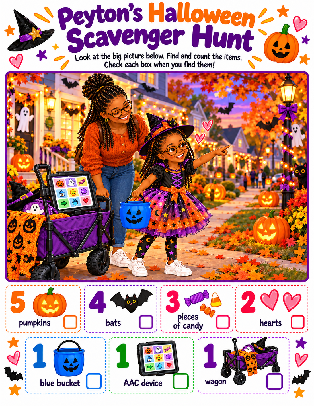 Peyton's Halloween Scavenger Hunt activity sheet