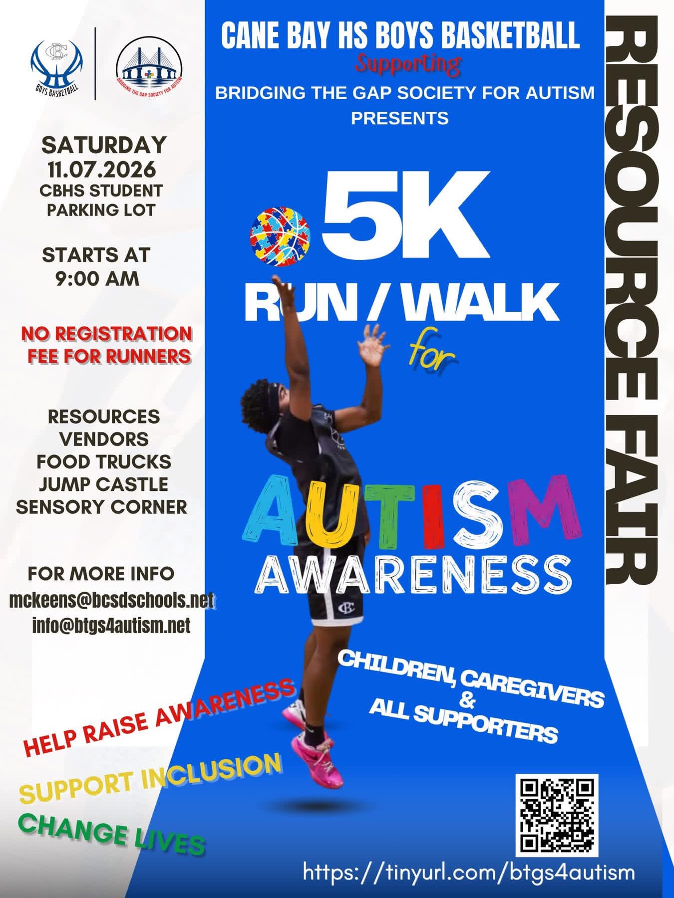 Flyer for the Bridging the Gap Society 4 Autism 5K Run and Walk at Cane Bay High School on November 7, 2026 at 9:00 AM