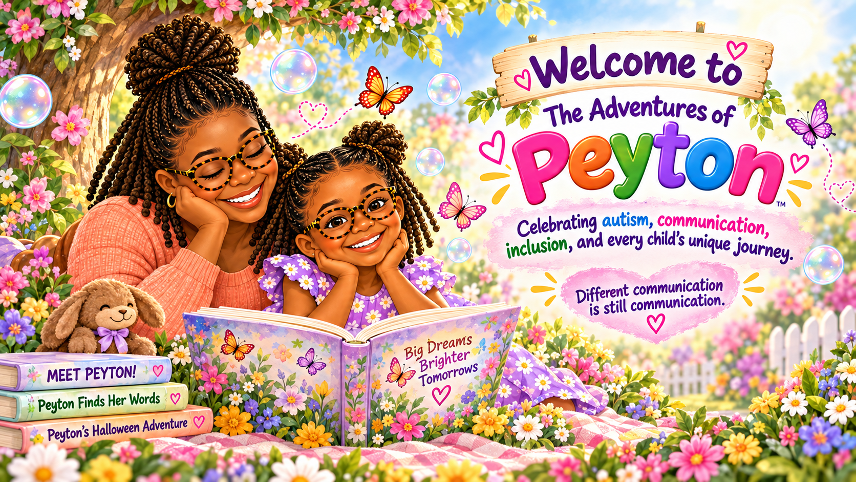 Welcome to The Adventures of Peyton featuring Peyton and her mommy in the locked-in book style
